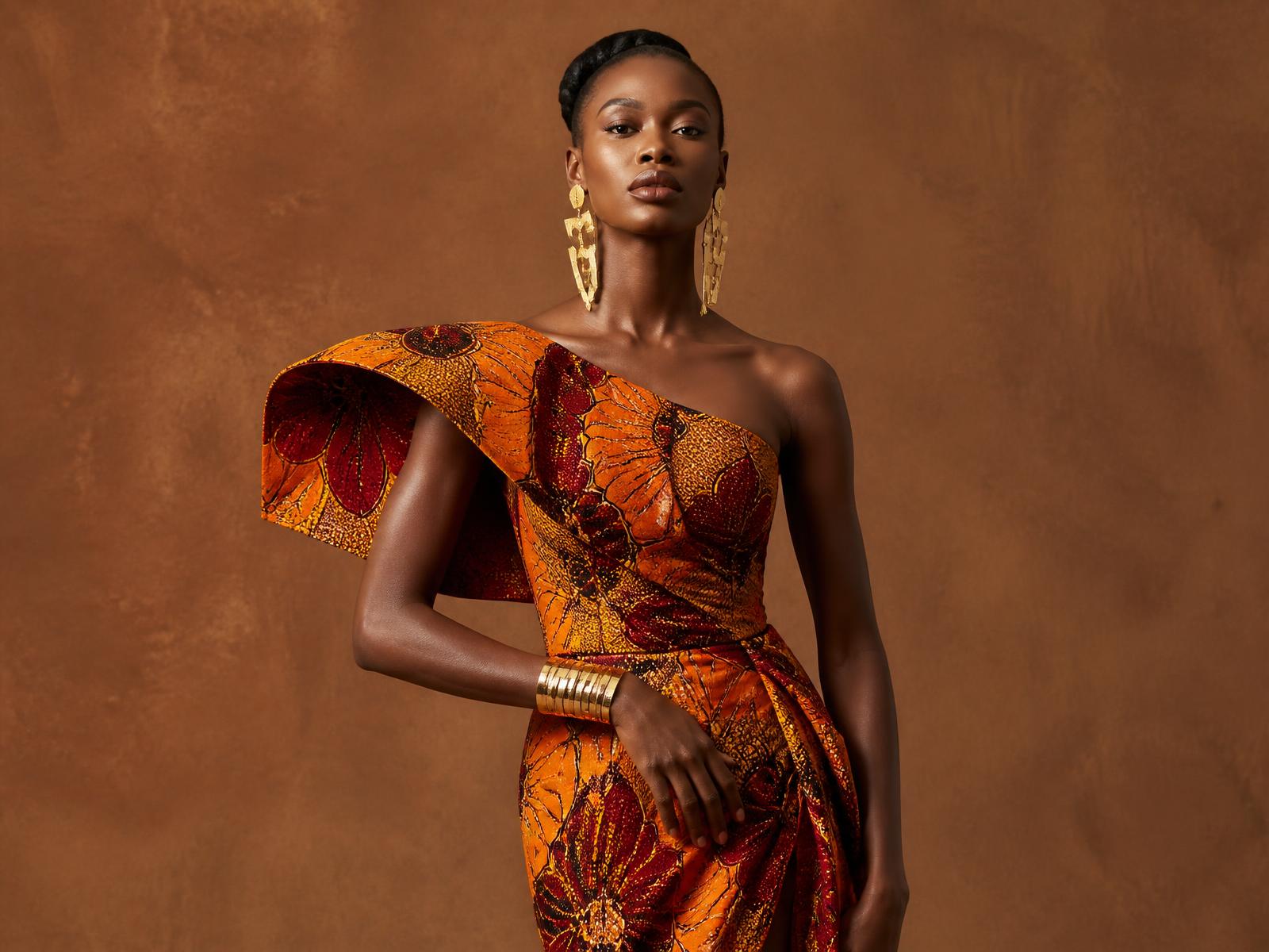 Designer in a bold African wax print suit at a popup shop